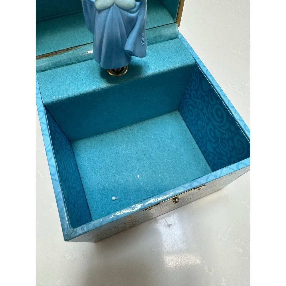 Disney Cinderella Musical Jewelry Box Blue Gold Wind Up Rotating Figurine Mirror
